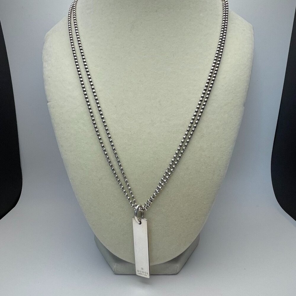 Gucci Sterling Silver Double Beaded Chain Necklace w/ Logo Bar Pendant- Preowned